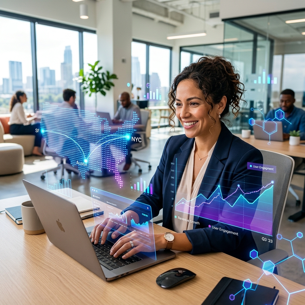 Professional woman with data visualizations